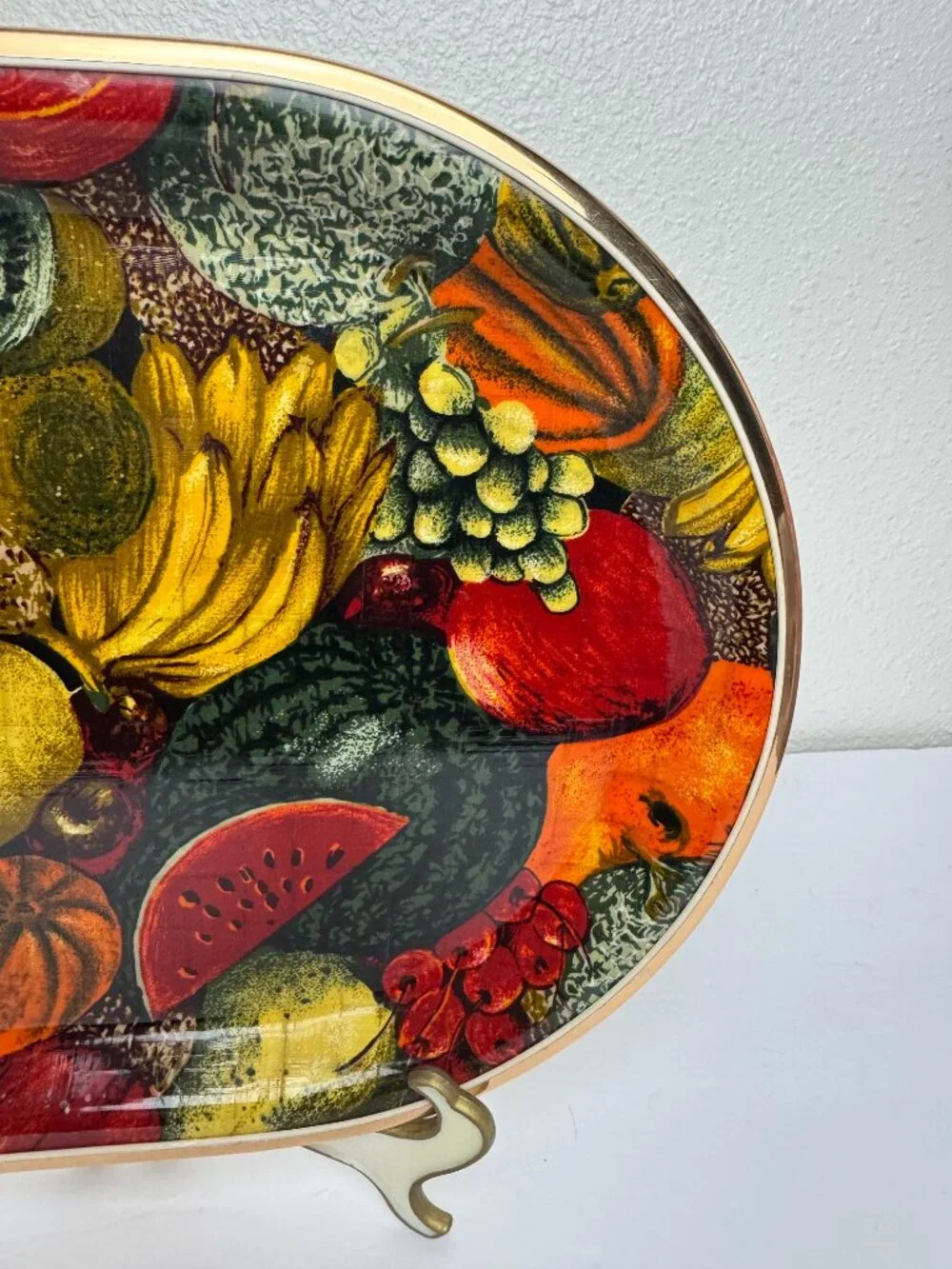 Vintage Mid Century Oval Serving Tray Fruit Still Life Gold Metal Rim Decor